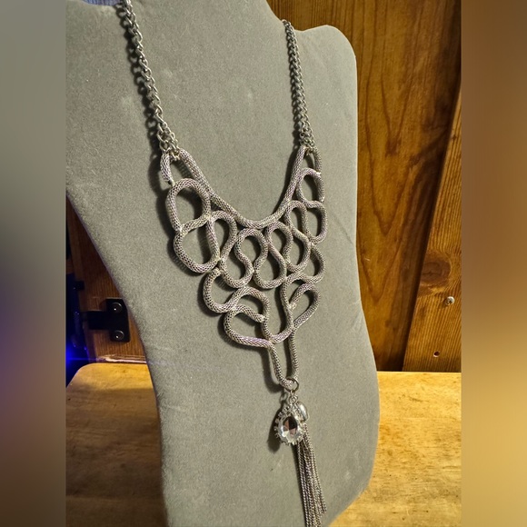 EFM Silver Tone Statement Rhinestone Tassel Necklace - Picture 2 of 5